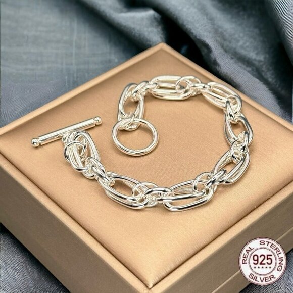 NWT Chunky Link Bracelet S925 Sterling Silver With Toggle Clasp 7.25" - Picture 7 of 11